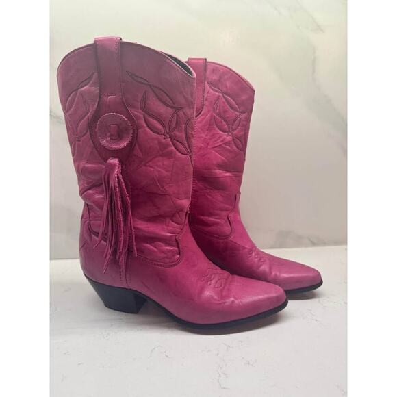Laredo Sz 6 Vintage Pink Leather Cowgirl Western Boots Tassle Fringe Embroidery - Picture 1 of 8